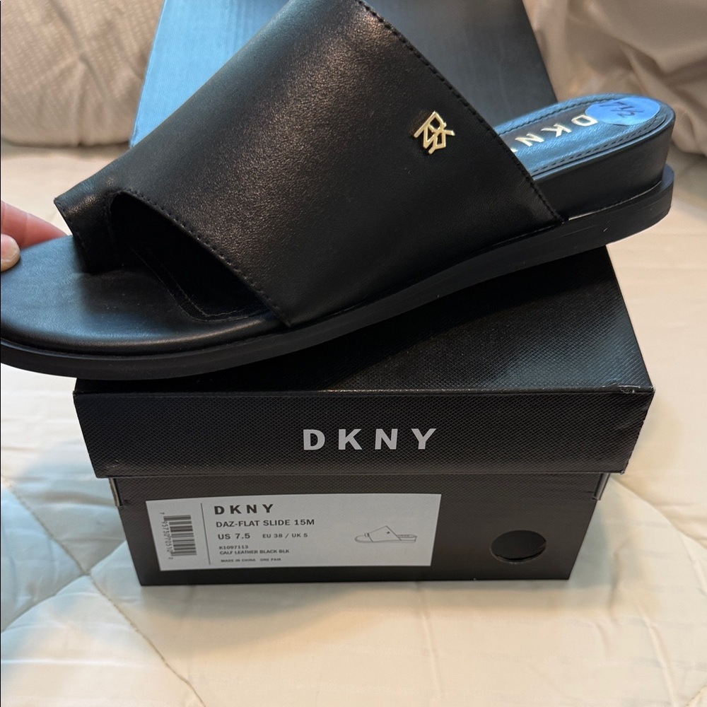 DKNY Black Slide Sandals with Gold Logo Accent